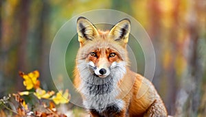 Portrait of beautiful red fox. Wild forest animal. Nature autumn scenery