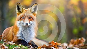 Portrait of beautiful red fox. Wild forest animal. Nature autumn scenery