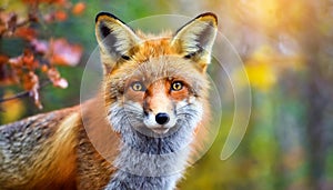 Portrait of beautiful red fox. Wild forest animal. Nature autumn scenery