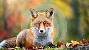 Portrait of beautiful red fox. Wild forest animal. Nature autumn scenery