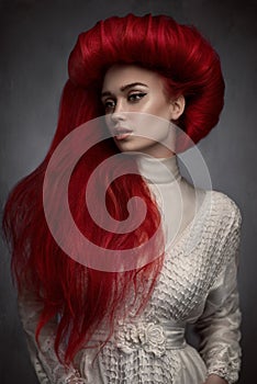 Portrait of beautiful red haired woman in white vintage dress