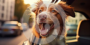Portrait of a beautiful red and white border collie dog sticking out of the car window