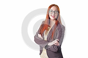 Portrait of beautiful redhead business woman wearing glasses