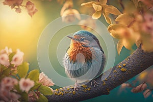 Retrato hermoso pájaro adentro un árbol sobre el soleado primavera. creado 