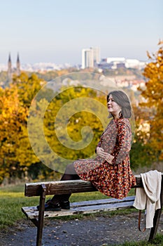Portrait of beautiful romantic young woman sitting on bench in park, autumn in Prague, yellow brown golden leaves, cute stylish
