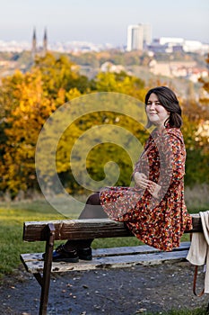 Portrait of beautiful romantic young woman sitting on bench in park, autumn in Prague, yellow brown golden leaves, cute stylish