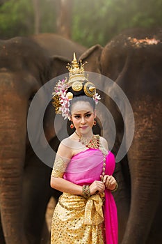 Portrait of Beautiful rural thai woman wear thai dress