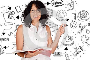 Portrait of beautiful school teacher drawing graduation sketch.