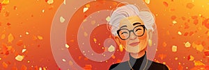 Portrait of beautiful senior asian woman on bright orange background with festive confetti