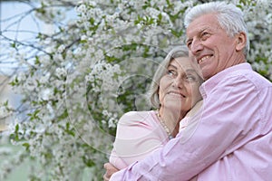 Portrait of beautiful senior couple hugging on a lilac background in the park