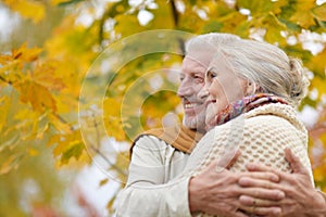 Portrait of beautiful senior couple hugging in the park