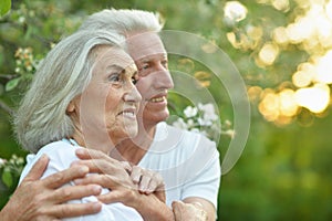 Portrait of beautiful senior couple hugging in the park