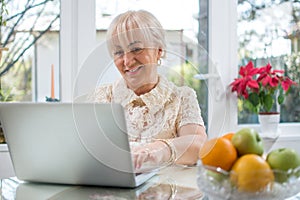 Portrait of beautiful senior woman using laptop at home.