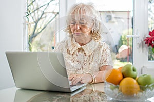 Portrait of beautiful senior woman using laptop at home.