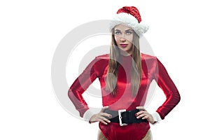 Portrait of Beautiful sensual woman in red santa claus outfit