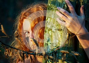 Portrait of beautiful sexy young woman, redhead hugging tree trunk in forest with friendly smile in the face, forest bathing,