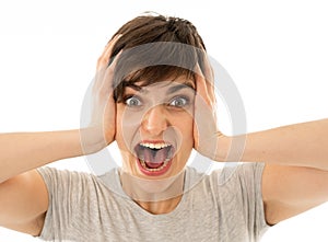 Close up portrait of surprised and happy woman celebrating victory and wining lottery photo