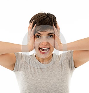 Close up portrait of surprised and happy woman celebrating victory and wining lottery photo