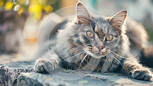 Portrait of a beautiful siberian cat lying on the ground. photo