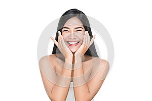 Portrait of Beautiful Skin care woman enjoy and happy,touching her face