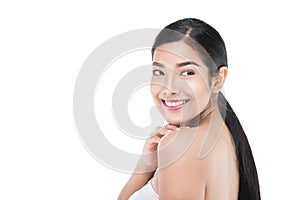 Portrait of Beautiful Skincare woman enjoy and happy,touching her face, with clipping path.