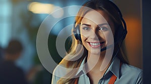 Portrait of beautiful smiling customer support phone operator in headset at office. Generative AI