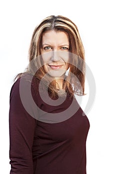 Portrait of a beautiful smiling middle-aged woman on a white background