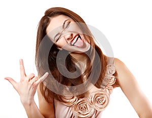 Portrait of beautiful smiling teen girl happy ecstatic gesturing photo