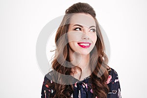 Portrait of beautiful smiling young woman with bright pink lips