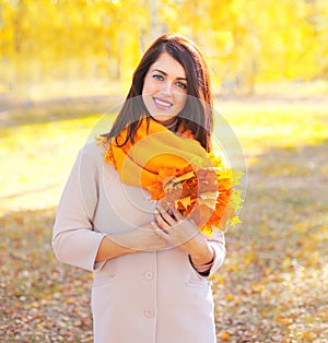 Portrait beautiful smiling young woman with yellow maple leafs in sunny autumn