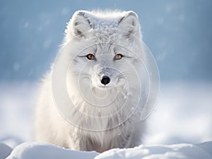 Portrait of a beautiful snow fox on snow field