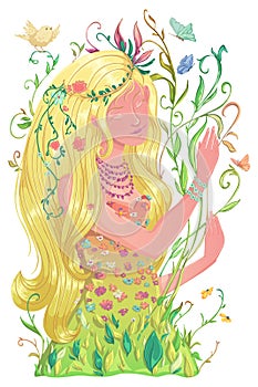 Portrait of beautiful spring girl with long blond hair and dress with flowers and leaves, butterflies, bird. Romantic female chara
