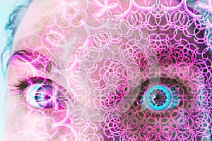 Portrait of a beautiful steampunk woman. All-seeing eye in cyber-punk colors. Fractal background from crossed line and light