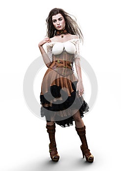 Portrait of a beautiful steampunk woman in casual clothing with a white background.