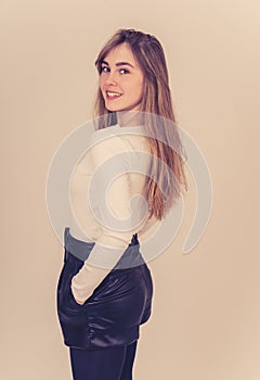 Portrait of a beautiful teen girl with happy and smiling face. In beauty, model and fashion concept