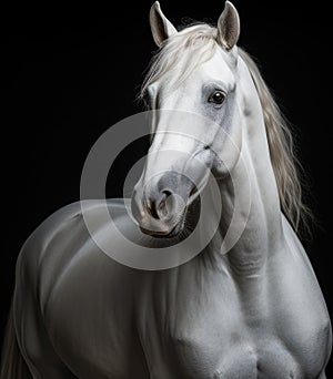 Portrait of beautiful white arabian stallion on black background