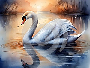 A portrait of a beautiful white swan swimming in a lake, wallart, animal creatures, ink elements, a painting