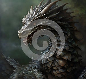 portrait of beautiful wisdom forest grey-green dragon. close up. 2024 year Chinese symbol. New year concept. AI generated