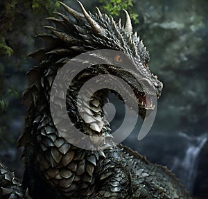 portrait of beautiful wisdom forest grey-green dragon. close up. 2024 year Chinese symbol. New year concept. AI generated