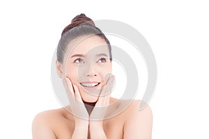 Portrait of beautiful woman asian makeup of cosmetic, girl hand touch cheek and smile attractive