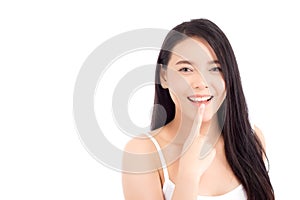 Portrait of beautiful woman asian makeup of cosmetic, girl hand touch lips and mouth and smile attractive