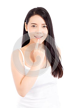 Portrait of beautiful woman asian makeup of cosmetic, girl hand touch lips and mouth and smile attractive, face of beauty perfect