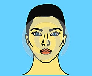Portrait of a beautiful woman on a blue background. Cartoon. Vector