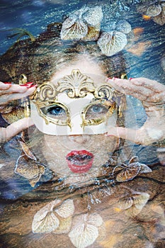 Portrait of a beautiful woman with carnival venetian mask double exposure