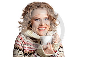 Portrait of beautiful woman with cup on white background