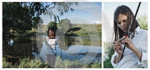 Portrait of a beautiful woman with a fishing rod. Fishing