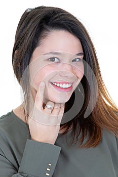 Portrait of beautiful woman girl hand touch cheek and smile on attractive face with skin healthcare natural concept isolated on