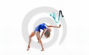 The portrait of beautiful woman gymnast on white