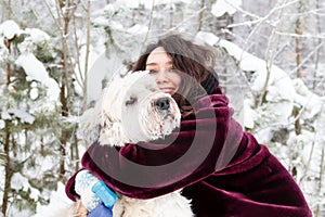Portrait of beautiful woman with her South Russian Shepherd Dog on a background of winter coniferous forest.