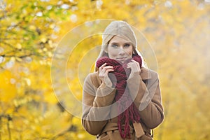 Portrait of beautiful woman holding muffler around neck in park during autumn